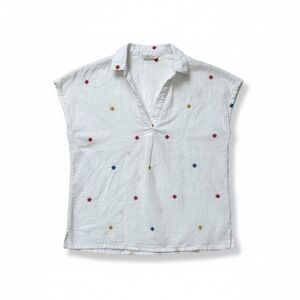 SPRINGFIELD Women's White Embroidered Short Sleeve Collared Shirt Top Size 2‎